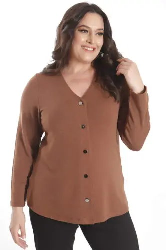 Trend42plus Plus Size Snap Button Brown Cardigan - 5