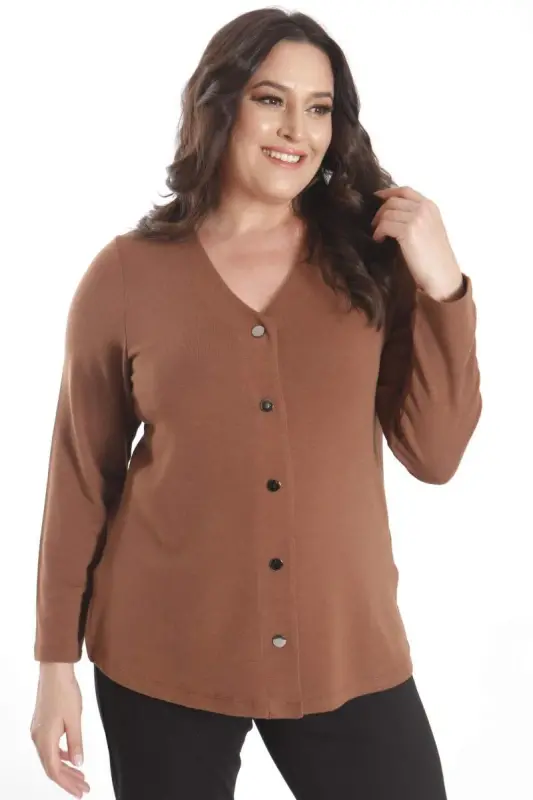 Trend42plus Plus Size Snap Button Brown Cardigan - 5