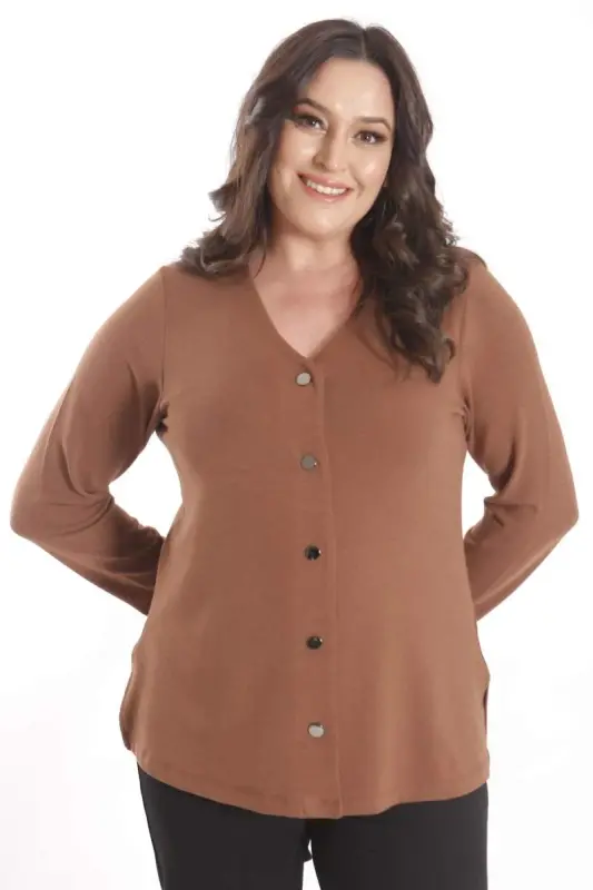 Trend42plus Plus Size Snap Button Brown Cardigan - 6