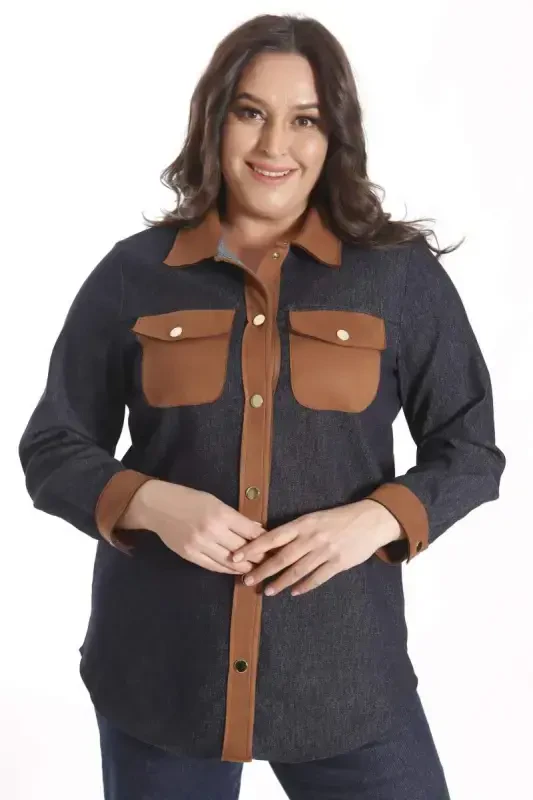 Trend42plus Plus Size Snap Button Navy Blue Denim Shirt - BÜYÜKBEDENIZ