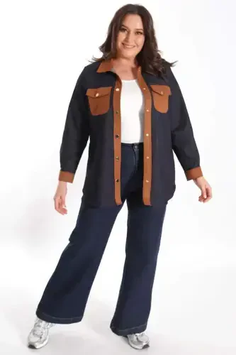Trend42plus Plus Size Snap Button Navy Blue Denim Shirt - 2