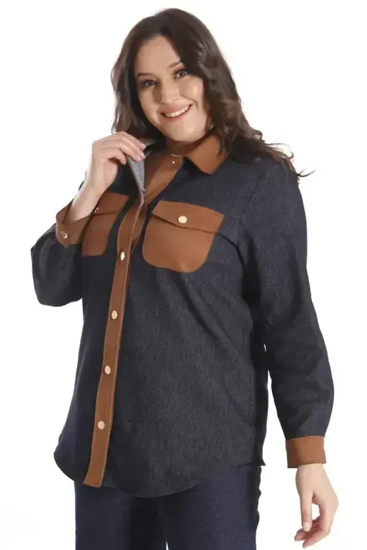 Trend42plus Plus Size Snap Button Navy Blue Denim Shirt - 3