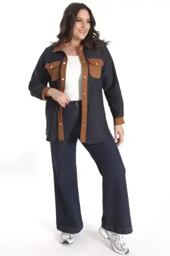 Trend42plus Plus Size Snap Button Navy Blue Denim Shirt - 4