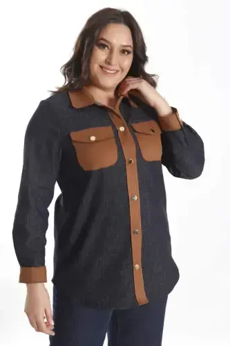 Trend42plus Plus Size Snap Button Navy Blue Denim Shirt - 5