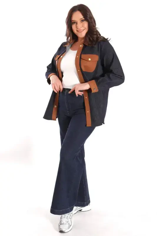 Trend42plus Plus Size Snap Button Navy Blue Denim Shirt - 6