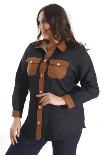 Trend42plus Plus Size Snap Button Navy Blue Denim Shirt - 7