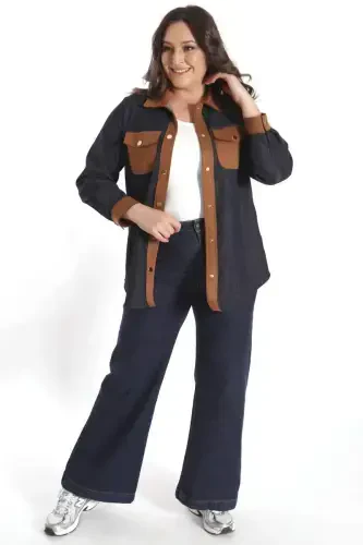 Trend42plus Plus Size Snap Button Navy Blue Denim Shirt - 8