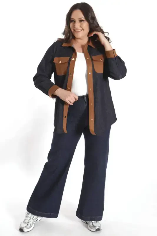 Trend42plus Plus Size Snap Button Navy Blue Denim Shirt - 8