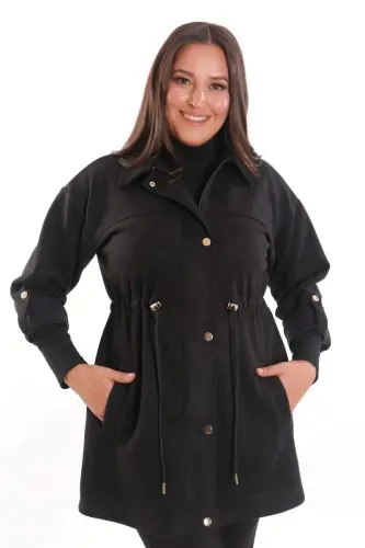 Trend42plus Plus Size Snap Button Suede Black Trench Coat - BÜYÜKBEDENIZ (1)