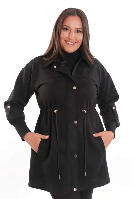 Trend42plus Plus Size Snap Button Suede Black Trench Coat - 2