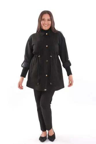 Trend42plus Plus Size Snap Button Suede Black Trench Coat - 3