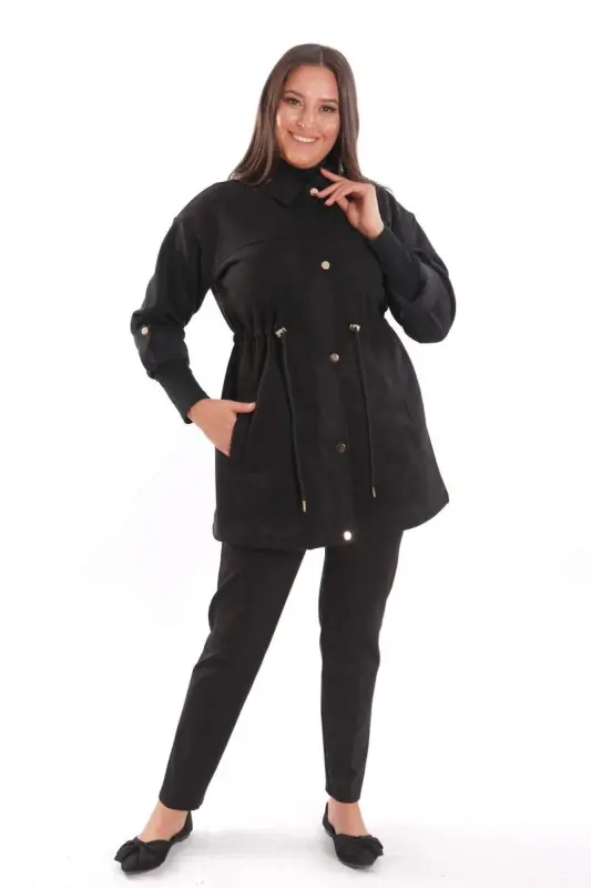 Trend42plus Plus Size Snap Button Suede Black Trench Coat - 5
