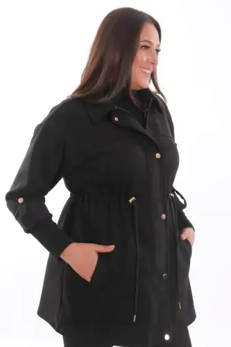 Trend42plus Plus Size Snap Button Suede Black Trench Coat - 6