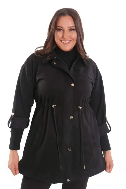 Trend42plus Plus Size Snap Button Suede Black Trench Coat - 7