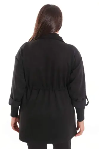Trend42plus Plus Size Snap Button Suede Black Trench Coat - 8