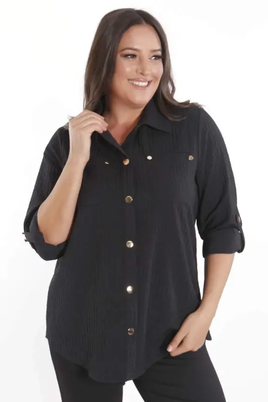 Trend42plus Plus Size Snap Button and Pocket Detailed Black Shirt - 1