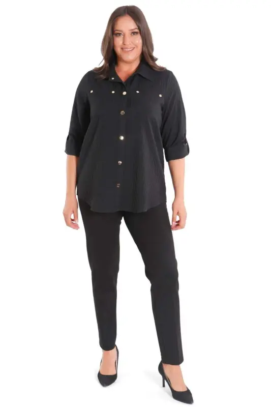 Trend42plus Plus Size Snap Button and Pocket Detailed Black Shirt - 2