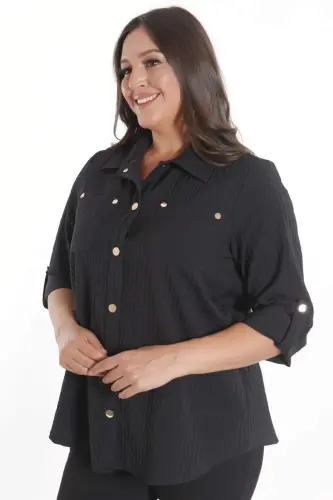 Trend42plus Plus Size Snap Button and Pocket Detailed Black Shirt - 3