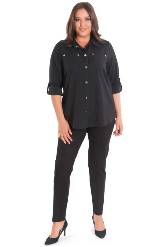 Trend42plus Plus Size Snap Button and Pocket Detailed Black Shirt - 4