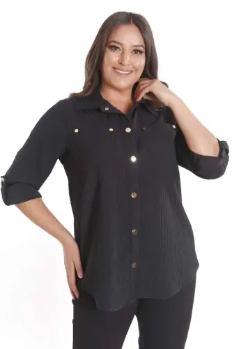 Trend42plus Plus Size Snap Button and Pocket Detailed Black Shirt - 5