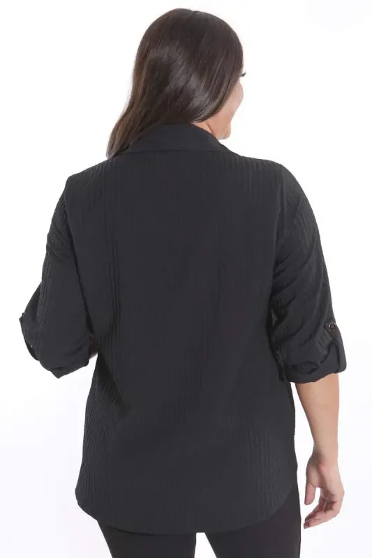 Trend42plus Plus Size Snap Button and Pocket Detailed Black Shirt - 6