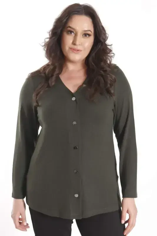 Trend42plus Plus Size Snap Buttoned Khaki Cardigan - 1
