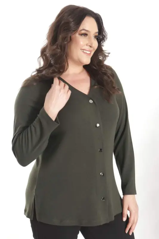 Trend42plus Plus Size Snap Buttoned Khaki Cardigan - 5