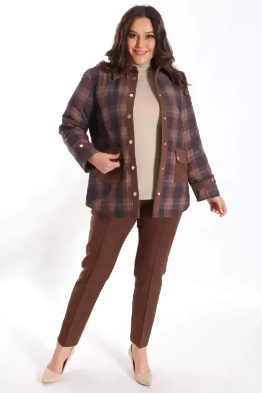 Trend42plus Plus Size Snap Fastener Plaid Brown Jacket - 2