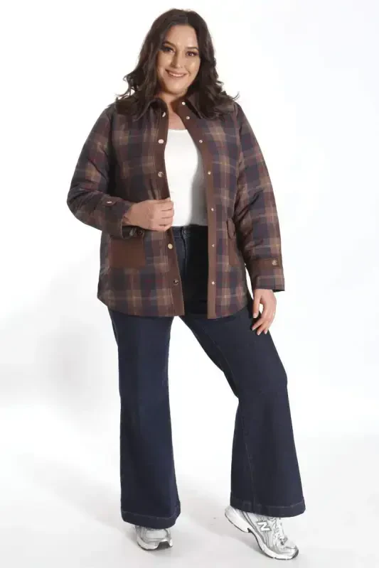 Trend42plus Plus Size Snap Fastener Plaid Brown Jacket - 4