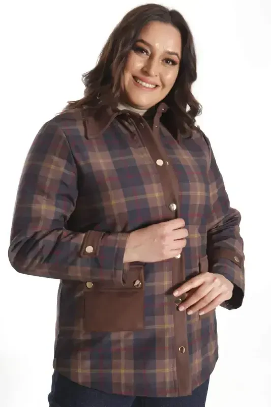 Trend42plus Plus Size Snap Fastener Plaid Brown Jacket - 5