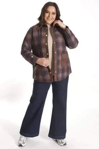 Trend42plus Plus Size Snap Fastener Plaid Brown Jacket - 7