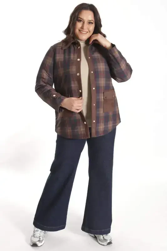 Trend42plus Plus Size Snap Fastener Plaid Brown Jacket - 7