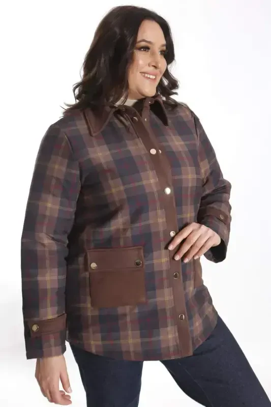 Trend42plus Plus Size Snap Fastener Plaid Brown Jacket - BÜYÜKBEDENIZ