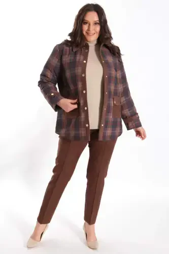 Trend42plus Plus Size Snap Fastener Plaid Brown Jacket - BÜYÜKBEDENIZ (1)