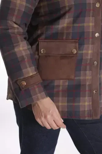Trend42plus Plus Size Snap Fastener Plaid Brown Jacket - 3