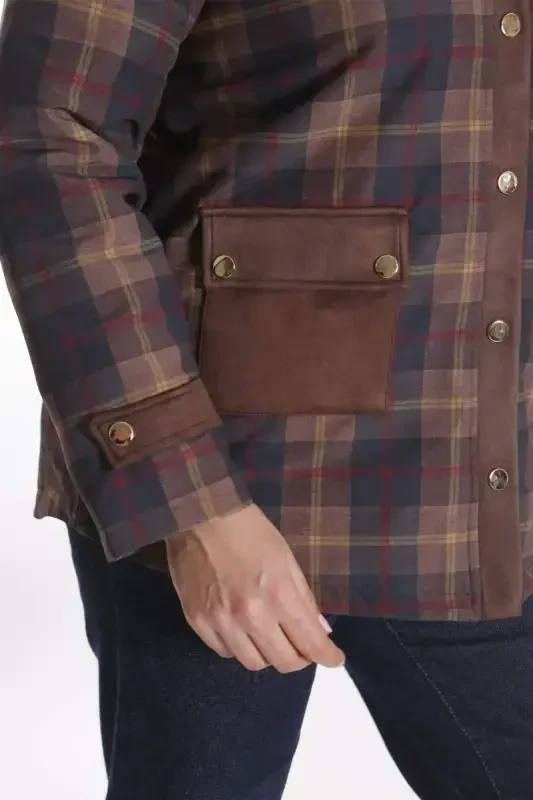 Trend42plus Plus Size Snap Fastener Plaid Brown Jacket - 3