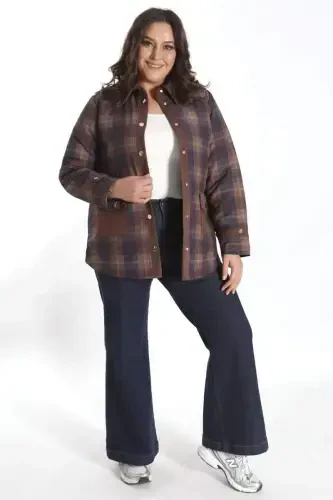 Trend42plus Plus Size Snap Fastener Plaid Brown Jacket - 4