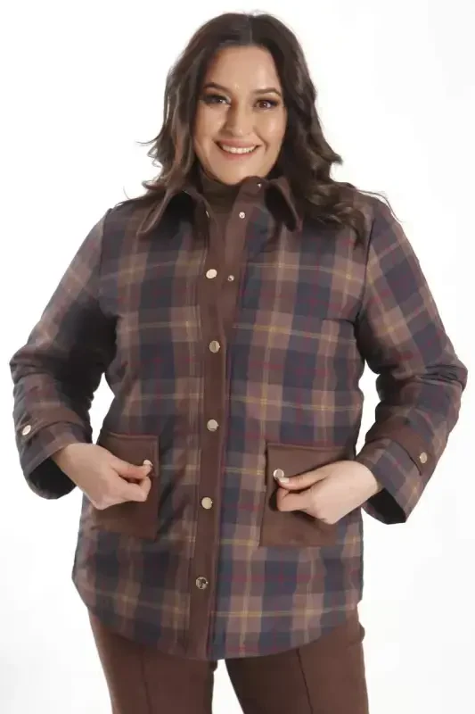 Trend42plus Plus Size Snap Fastener Plaid Brown Jacket - 6