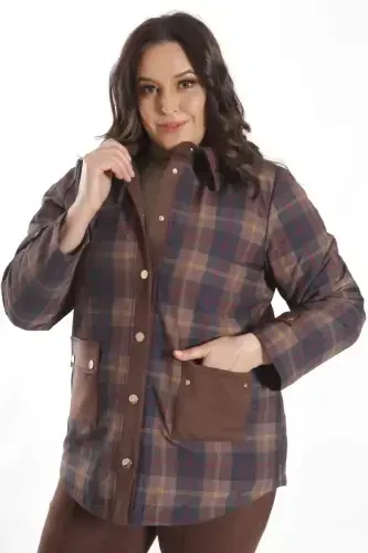 Trend42plus Plus Size Snap Fastener Plaid Brown Jacket - 8
