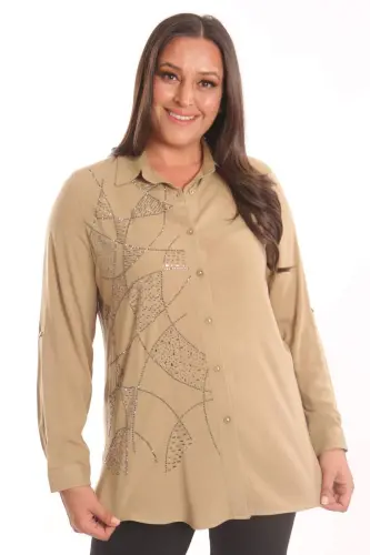 Trend42plus Plus Size Stone Print Detailed Woven Beige Shirt - 1