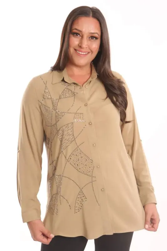 Trend42plus Plus Size Stone Print Detailed Woven Beige Shirt - BÜYÜKBEDENIZ