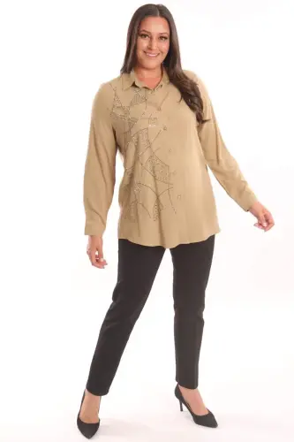 Trend42plus Plus Size Stone Print Detailed Woven Beige Shirt - BÜYÜKBEDENIZ (1)