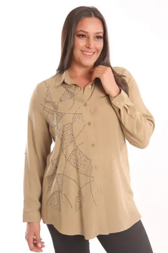 Trend42plus Plus Size Stone Print Detailed Woven Beige Shirt - 3