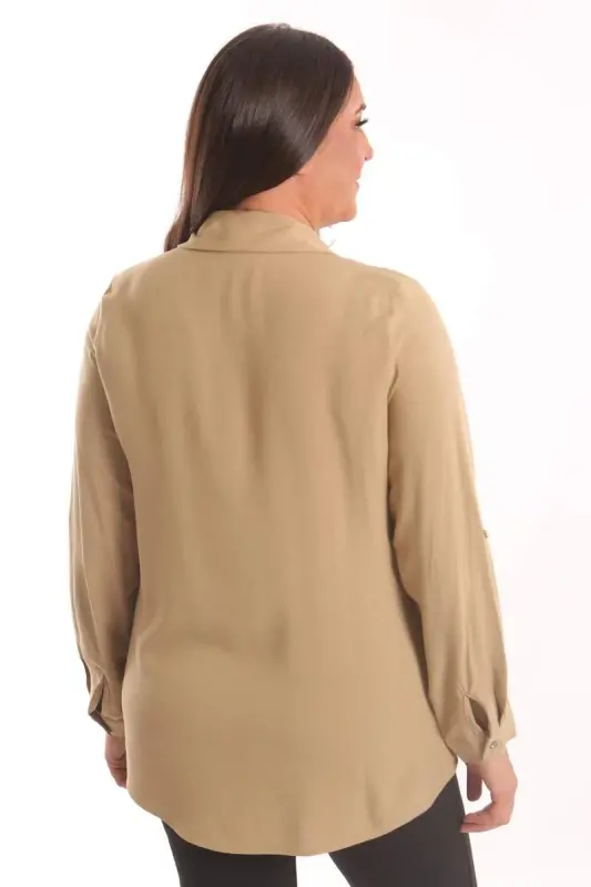 Trend42plus Plus Size Stone Print Detailed Woven Beige Shirt - 5