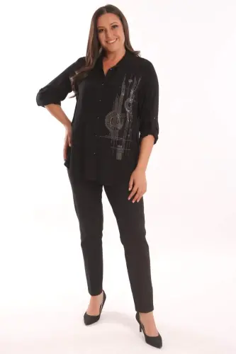 Trend42plus Plus Size Stone Print Detailed Woven Black Shirt - 4
