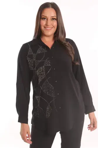 Trend42plus Plus Size Stone Print Detailed Woven Black Shirt - 1