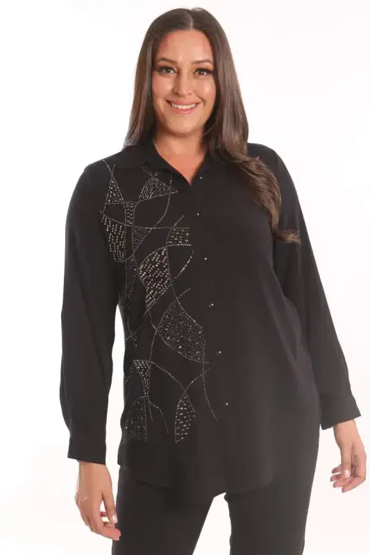 Trend42plus Plus Size Stone Print Detailed Woven Black Shirt - BÜYÜKBEDENIZ