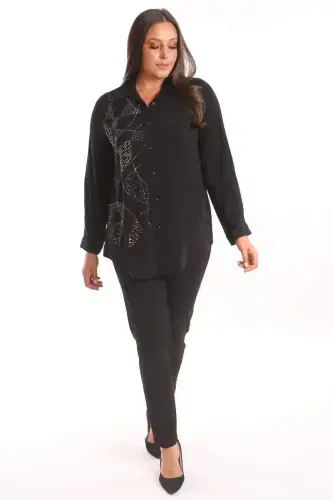 Trend42plus Plus Size Stone Print Detailed Woven Black Shirt - BÜYÜKBEDENIZ (1)