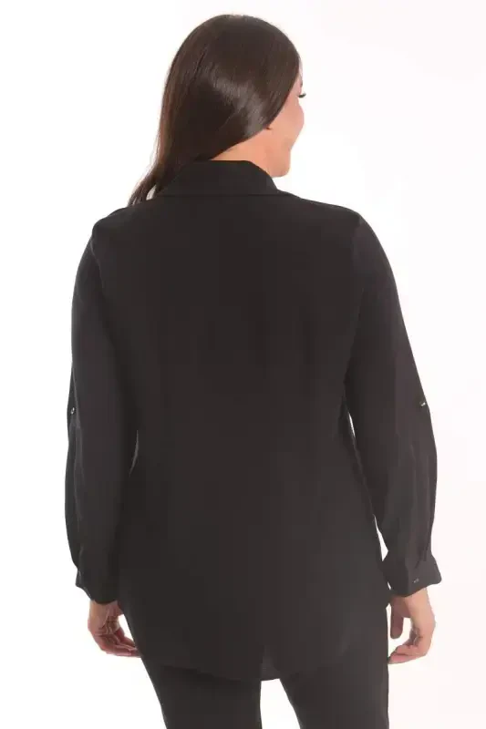 Trend42plus Plus Size Stone Print Detailed Woven Black Shirt - 4