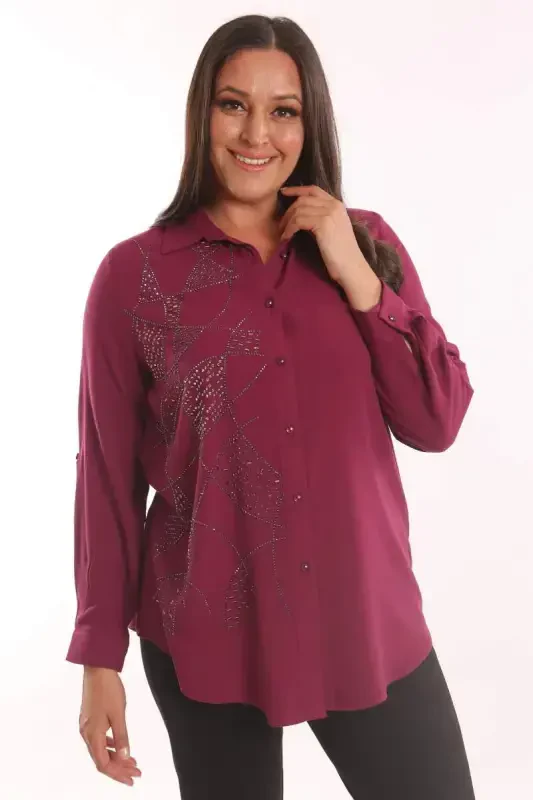 Trend42plus Plus Size Stone Print Detailed Woven Burgundy Shirt - BÜYÜKBEDENIZ